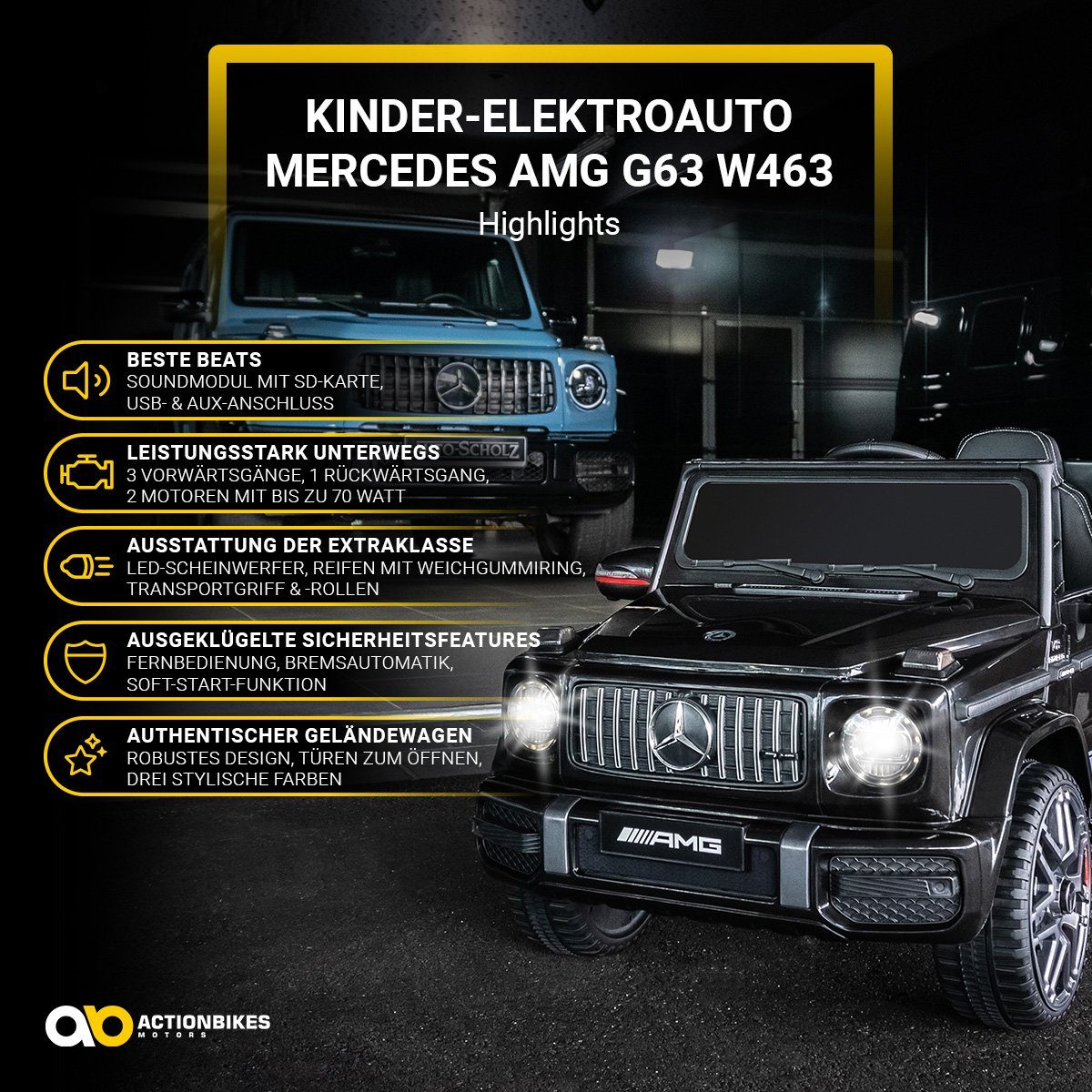 Actionbikes Motors Elektryczny samochód dziecięcy Mercedes Benz AMG G63 - Elektryczny samochód dziecięcy od 3 lat, ładowność 35 kg, (2 części), miękki rozruch - amortyzatory
