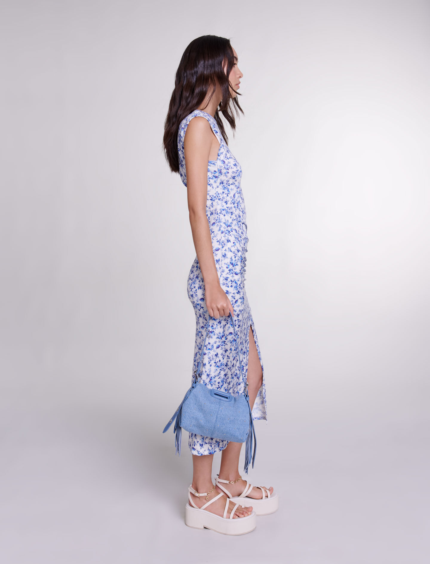Rochie lungă imprimată-imprimé petites fleurs bleu