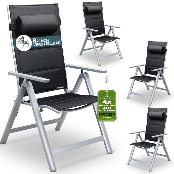 Set of 4 aluminum garden chairs with adjustable backrest (8 positions), padding, max. 120kg, high back chair, folding chair