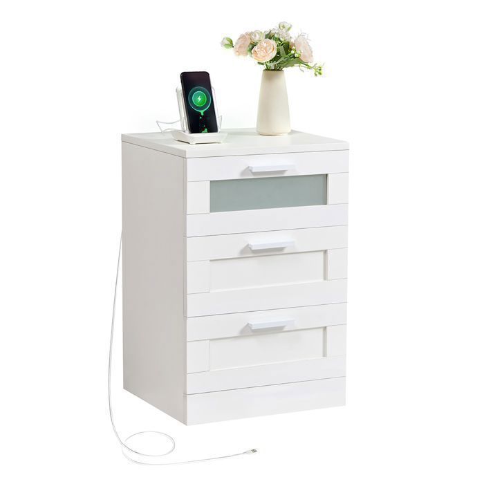 Tables de Chevet avec 3 Tiroirs, Table de Nuit avec Éclairage LED et  Ports USB et Type-C, pour Chambre à Coucher, Salon(1,Blanc)