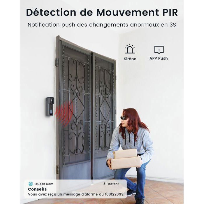 ieGeek 2K Sonnette sans Fil avec Camera  WiFi avec Support d'angle De Sonnette Réglable,  Sonnette Vidéo, PIR, Changeur De Voix