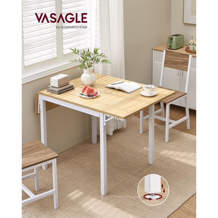 Mesa de comedor plegable VASAGLE, extensible, para 2 a 4 personas, con alas abatibles, roble natural y blanco nube.