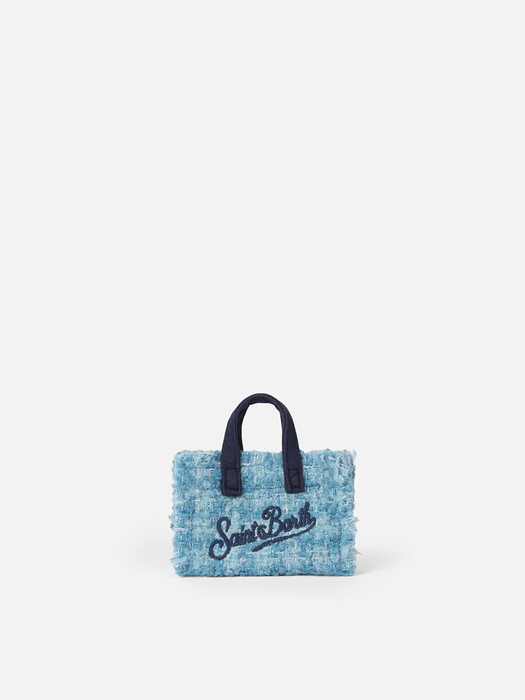 Portachiavi in tessuto tweed azzurro con ricamo logo