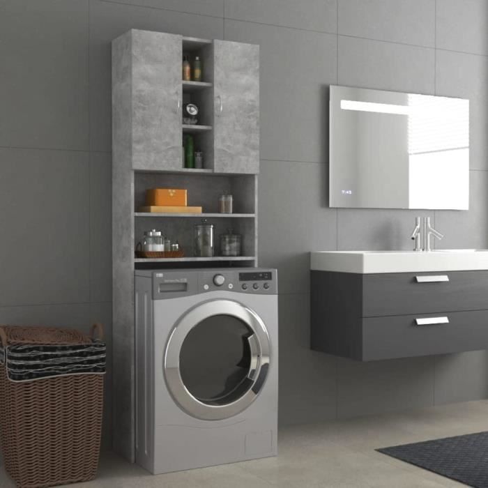 Meuble pour Machine Laver Armoire Haute de Rangement Armoire Lave-Linge Prsentoir Buanderie Intrieur Gris Bton 64x25,5x190 cm[311]
