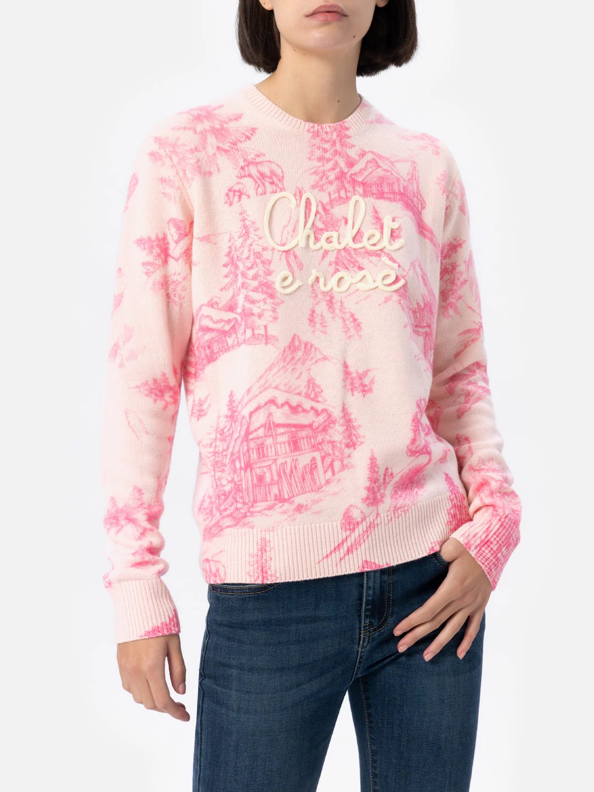 Nieuwe roze damestrui van Queen met Toile de Jouy-print en Cha-borduurwerk.