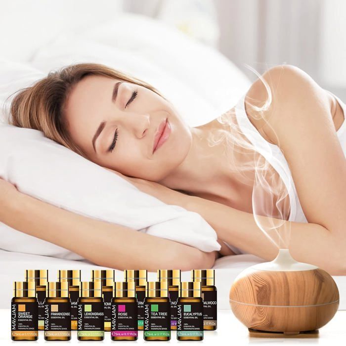 Set de 20 aceites esenciales: lavanda, jazmín, eucalipto, vainilla, sándalo, naranja dulce, geranio, pachulí.