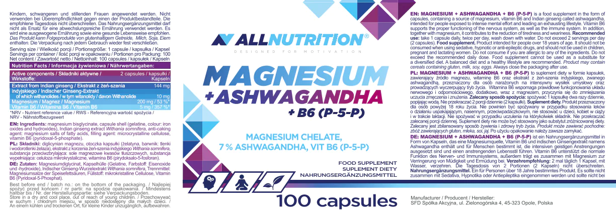 Allnutrition Magnesium + Ashwagandha + B6 (P-5-P), Kapsułki