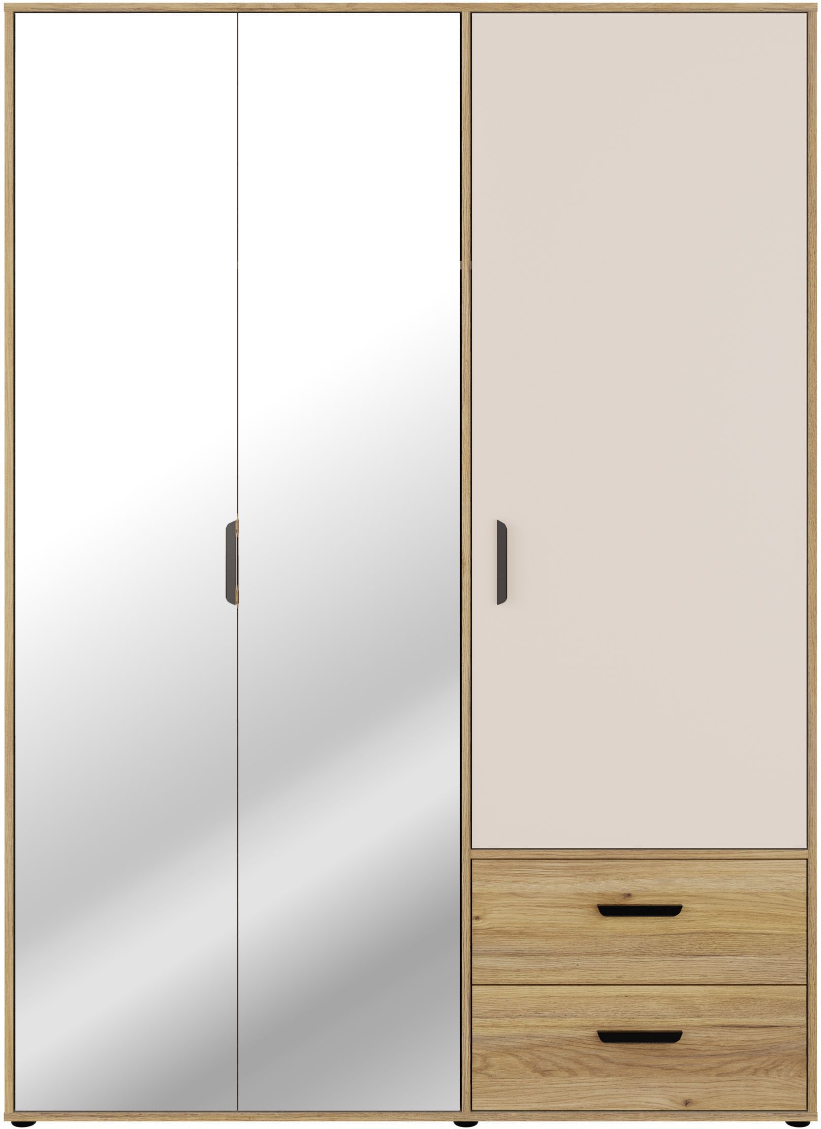 Armoire de chambre - MOKKARO - Décor Chêne et sable - 3 portes battantes - 2 tiroirs - 2 miroirs - L144,4 x P52,7 x H200cm