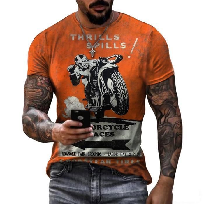 Ανδρικό T-shirt, Vintage T-shirt με τρισδιάστατη εκτύπωση μοτοσικλέτας, T-shirt με στρογγυλή λαιμόκοψη και κοντό μανίκι μοτοσικλέτας - Πορτοκαλί