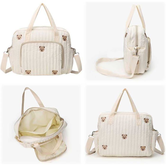 Borsa fasciatoio grande trapuntata con orsetto e fiori, multifunzionale, con tracolla regolabile, in cotone, astuccio per pannolini.