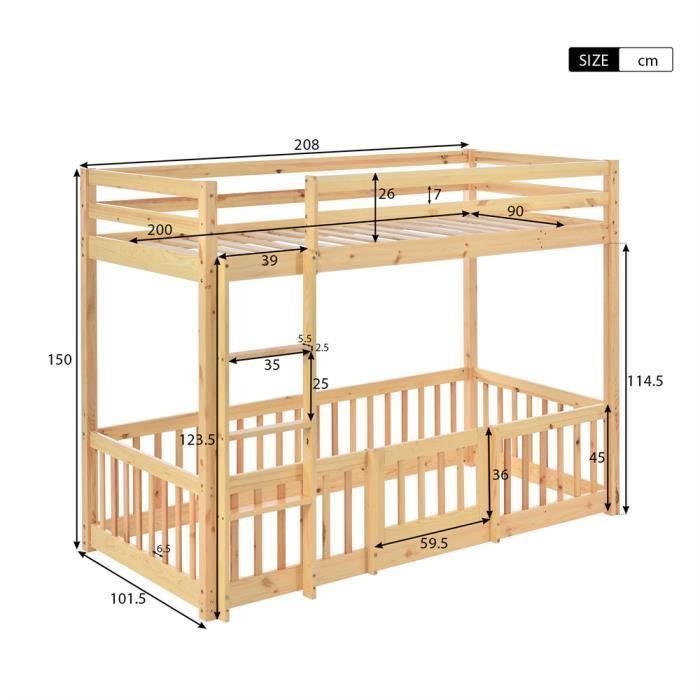 DRIPEX Etagenbett 200x90cm mit rechtwinkliger Treppe, Kinderbett mit Sicherheitsgittern und kleinen Türen, Natur