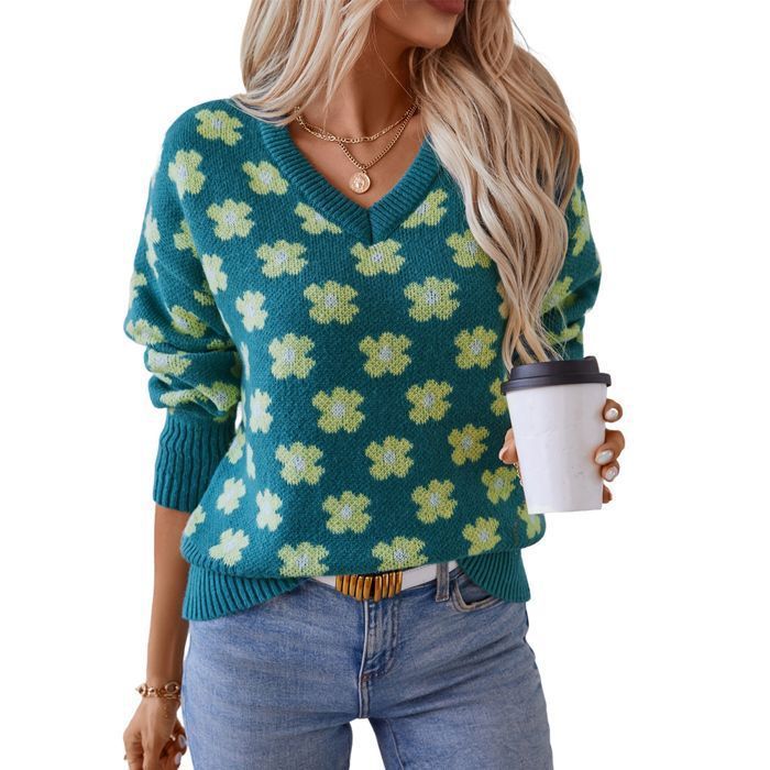 Jersey de mujer – Jacquard floral – Cuello en V – Manga larga – Otoño/Invierno – Talla europea – Azul