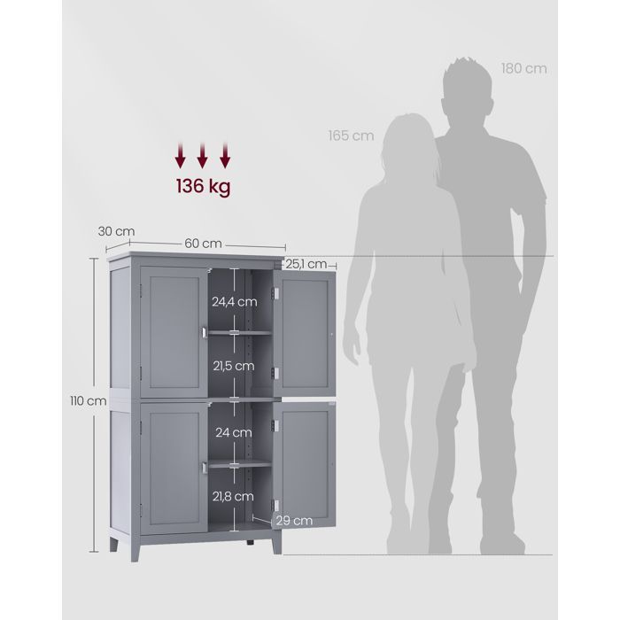 VASAGLE Armoire de Salle de Bain, Meuble de Rangement, Placard de Cuisine avec 4 Portes, Étagères Réglables, 30 x 60 x 110 cm, Gris