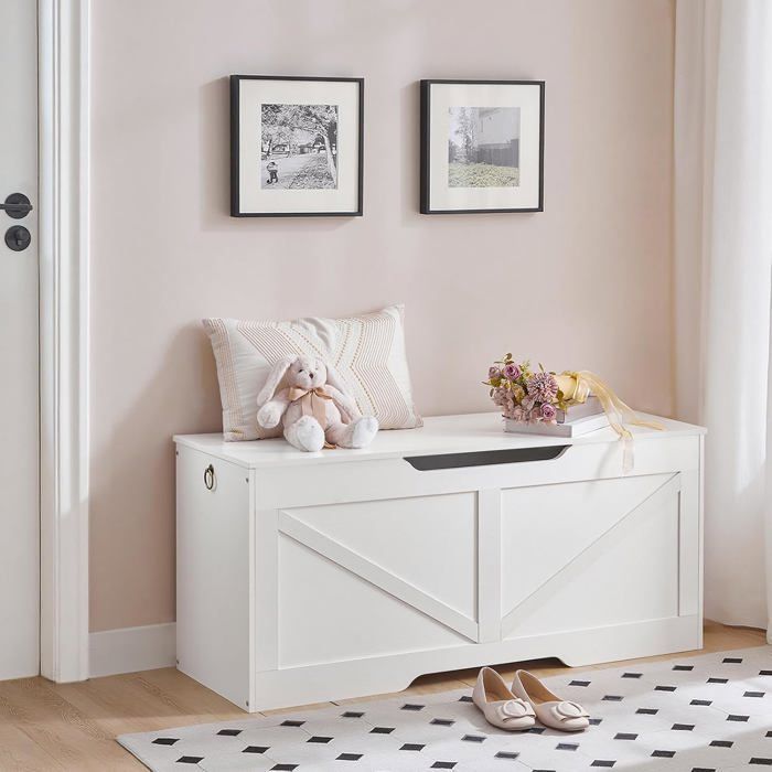 HOOBRO Storage Chest, Storage Bench with Wooden Lid, Toy Cabinet, Shoe Bench, White