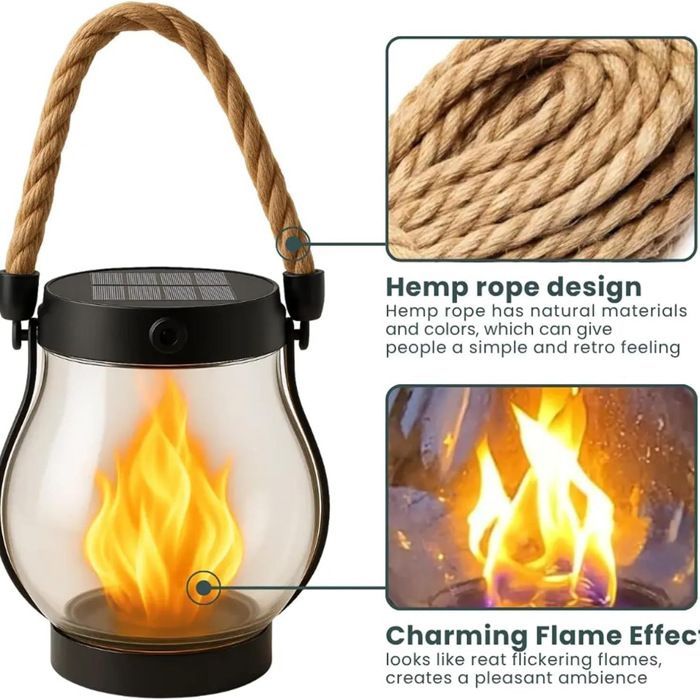 Solarlaterne für den Außenbereich – ULISEM – Tanzende Flamme – 25 x 12 cm – Aufhängung mit Hanfseil