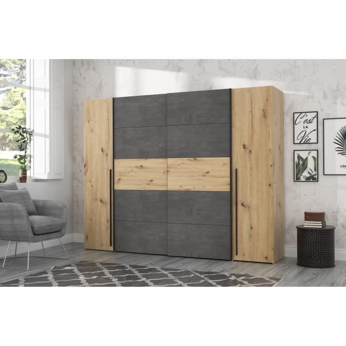 Wardrobe - Artisan oak and grey concrete finish - 2 hinged doors + 2 sliding doors - W 270.3 x D 61.2 x H 210 cm - NARAGO