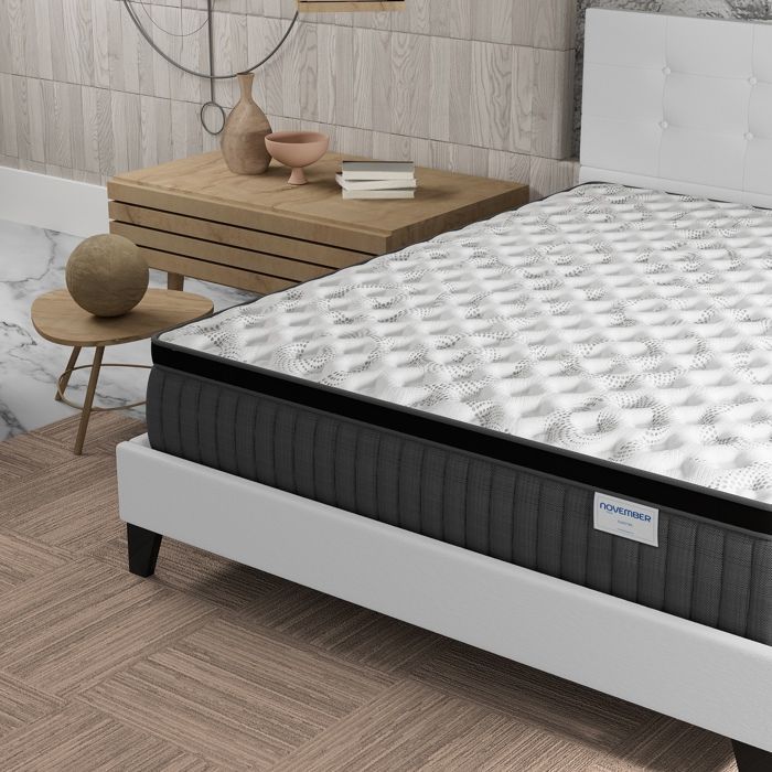 Set letto e materasso (140x190 cm) - Elekctra 30 cm con molle insacchettate e memory foam + rete a doghe e testiera in tessuto bianco