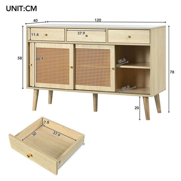 MEUBLES COSY Buffet rétro en bois chêne avec 3 tiroirs, 3 portes coulissantes en rotin et étagères réglables – 120x40x78 cm