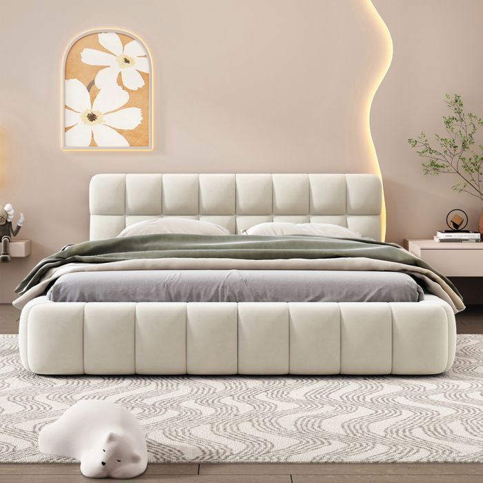 Letto 140 x 190 cm con testiera e rete a doghe, letto matrimoniale imbottito, letto a pavimento, struttura letto 140 x 190 cm con rete a doghe, lino, beige