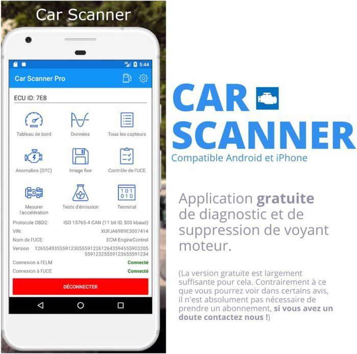 OBD2 diagnostic tool - Reads and clears engine fault codes - 7/7 French support
