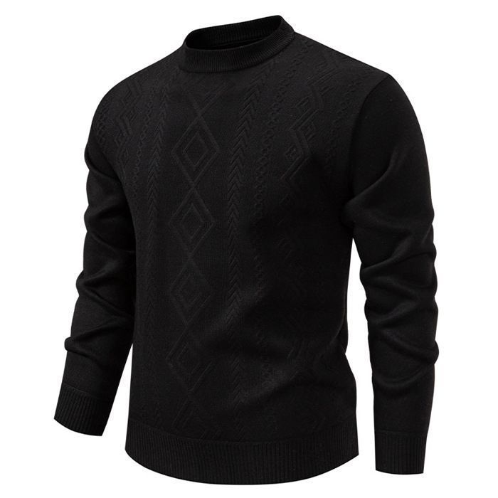 Maglione da uomo caldo in maglia jacquard a girocollo, foderato in pile, vestibilità regolare, tinta unita, per autunno/inverno - nero