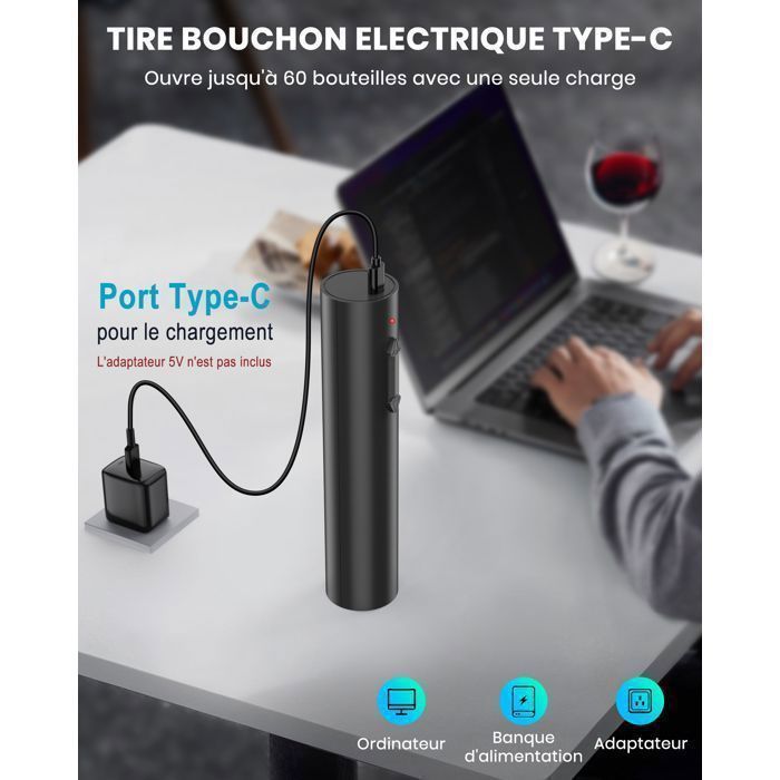 Sacacorchos eléctrico recargable - abridor de botellas eléctrico con cortador de cable y cable de carga USB - para el hogar y fiestas