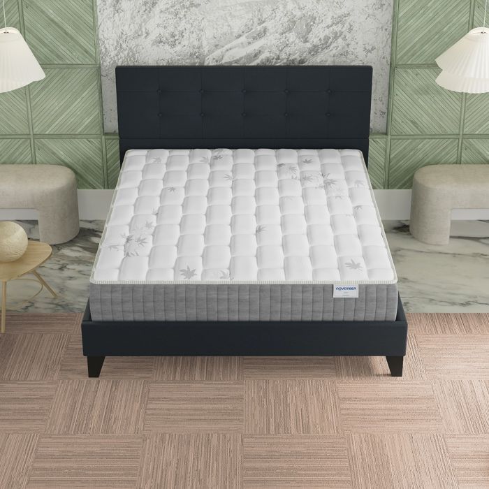 Colchón y cama (140x200cm) - Galice 25cm Muelles ensacados y espuma viscoelástica + Base de láminas y cabecero tapizados en negro