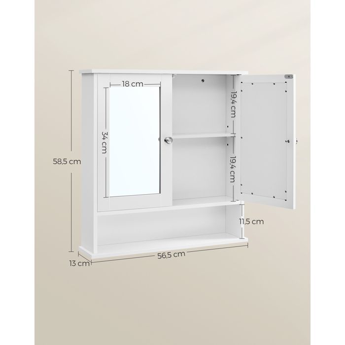 Mobiletto da bagno a parete con 2 ante e specchio - VASAGLE - Bianco - 56 x 13 x 58 cm