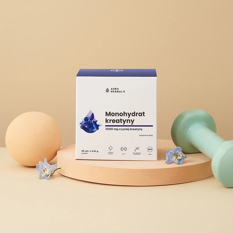 Aura Herbals kreatīna monohidrāta uztura bagātinātāja paciņas muskuļu masas palielināšanai