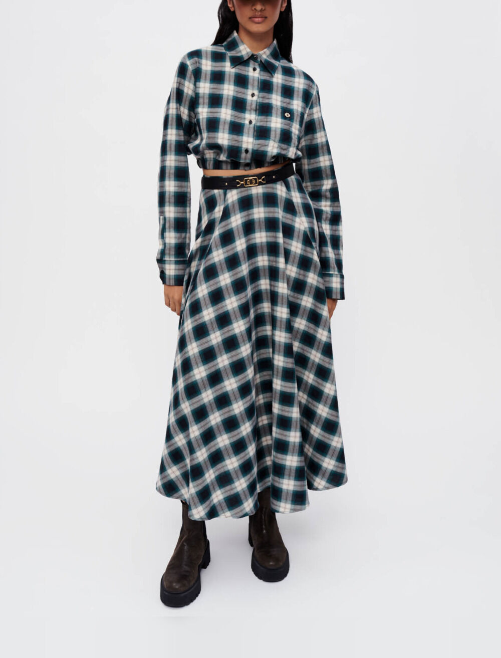 Korte katoenen blouse met ruitjespatroon - Groen