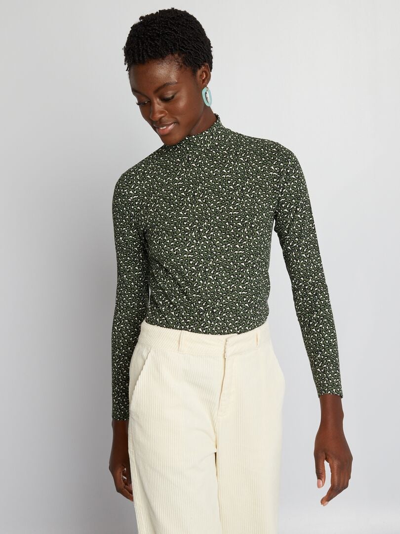 Jersey de cuello alto acanalado con estampado de leopardo - CAQUI
