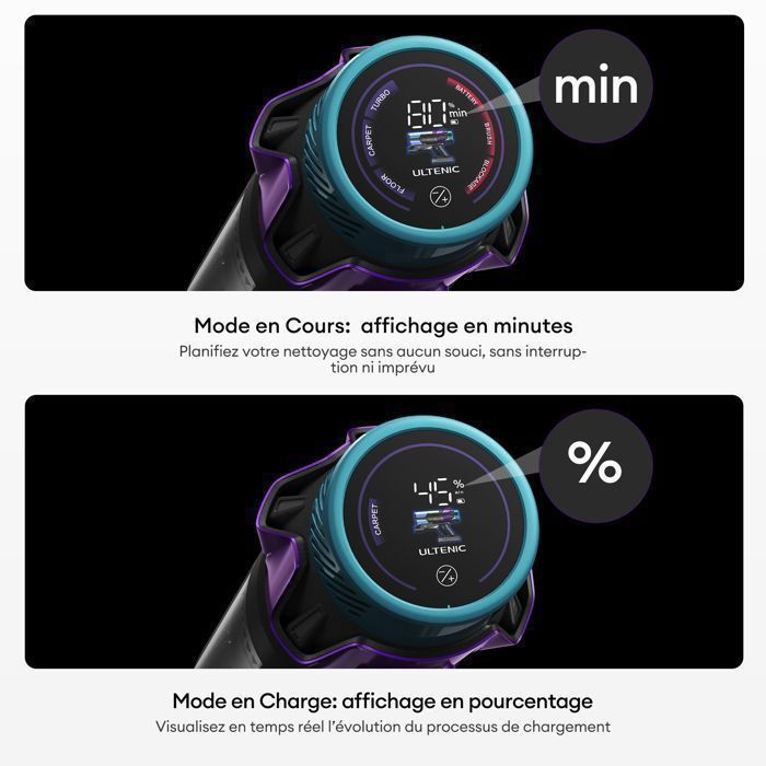 Aspirapolvere senza fili - ULTENIC - UP18 Power Pro - Ultra potente - 600 W - 150 AW - Autonomia di 80 minuti - Batteria rimovibile