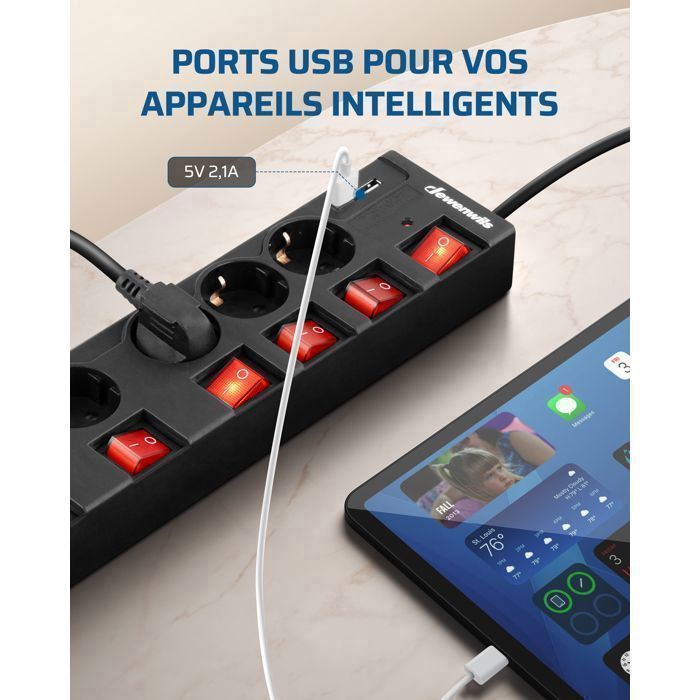 Regleta DEWENWILS - 6 tomas de corriente y 2 puertos USB - Cable de 2 m - 3680 W/16 A - 7 interruptores - Negra