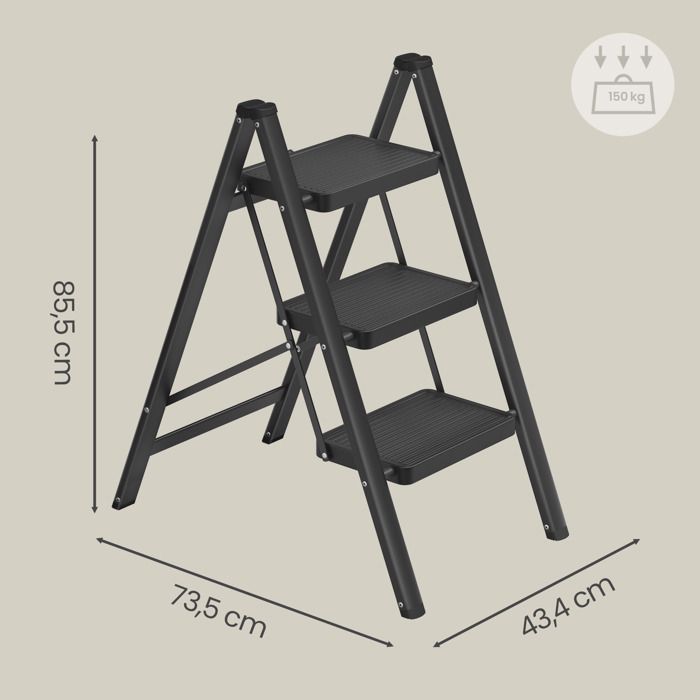 Escalera plegable de 3 peldaños, carga máxima 150 kg, para el hogar y la oficina, color negro.