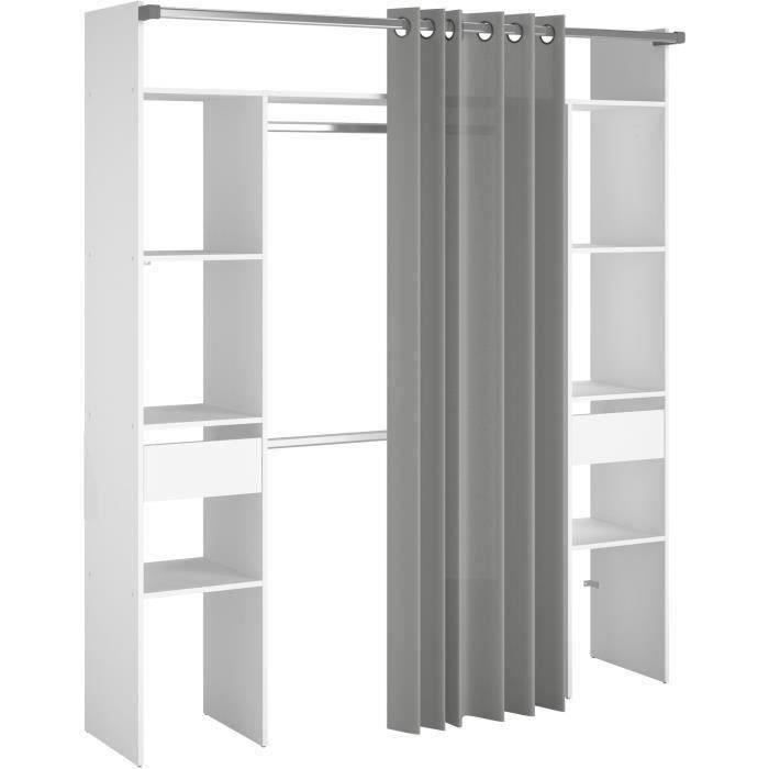 ARTIC dubbele kleedkamer - L176 x D48 x H202 cm - Wit + grijs gordijn - Gemaakt in Frankrijk