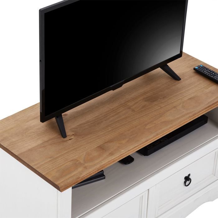 Mueble para TV CAMPO, banco para TV de pino macizo blanco y marrón con 2 cajones y 1 estante, mueble de almacenamiento de madera estilo mexicano.