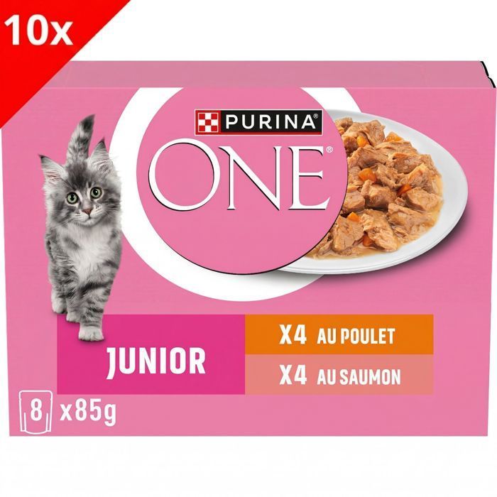 PURINA ONE Chat Junior - de 1 à 12 mois - Effilés en Sauce au Saumon ou au Poulet - 8x85g - Sachet frâcheur pour chaton (Lot de 10)