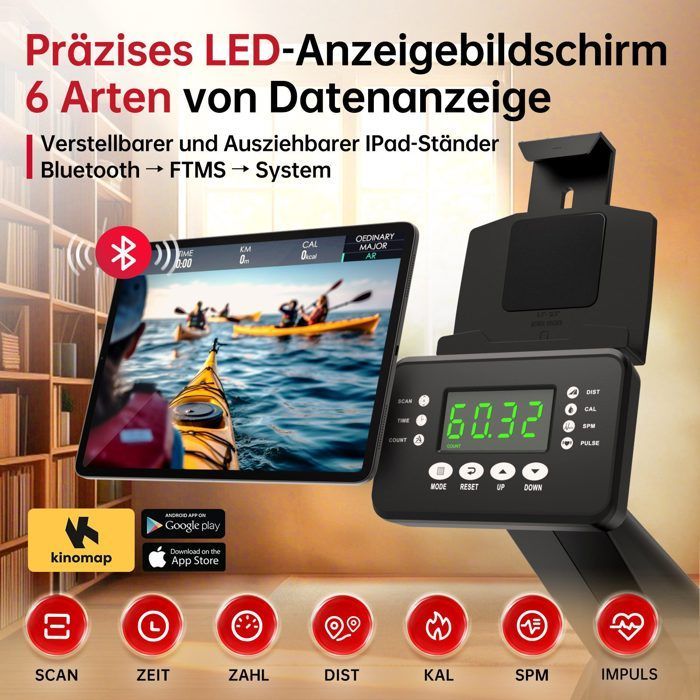Vogatore pieghevole - JOROTO - MR55 - Aeromagnetico, 10 livelli di resistenza - Schermo LED, Bluetooth - Pieghevole (0,75 m², 150 kg)