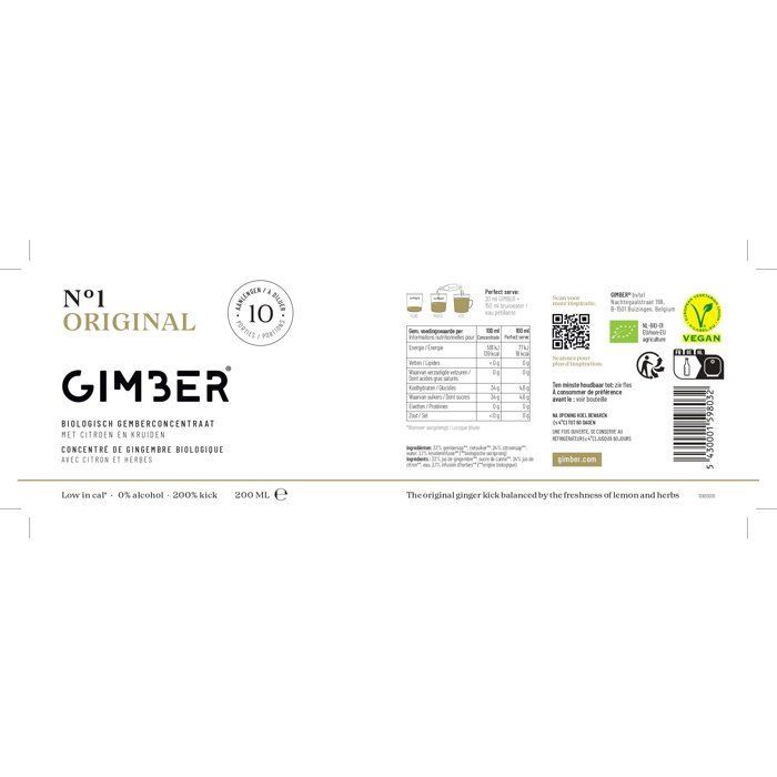 Gimber - N.º 1 - Original - Concentrado de jengibre orgánico con limón y hierbas - 200 ml