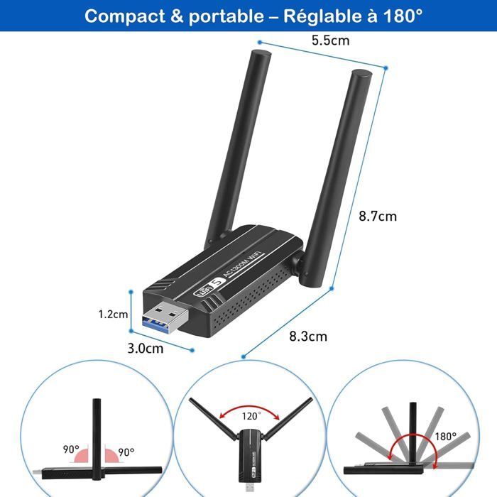 Adaptador WiFi potente AC1300 Mbps, adaptador WiFi USB 3.0 de doble banda, adaptador WiFi USB de 2.4G/5.8GHz para PC/portátil/ordenador de sobremesa/tableta.