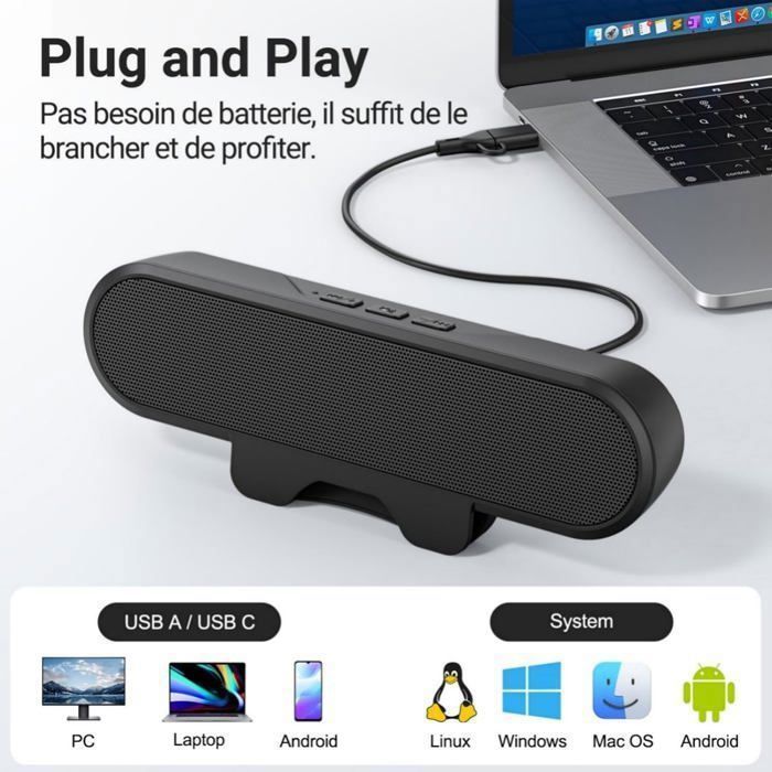 PC Speaker, USB PC Speaker for Monitor, Mini Soundbar with Clip for Laptop, Mac, Desktop, Plug and Play