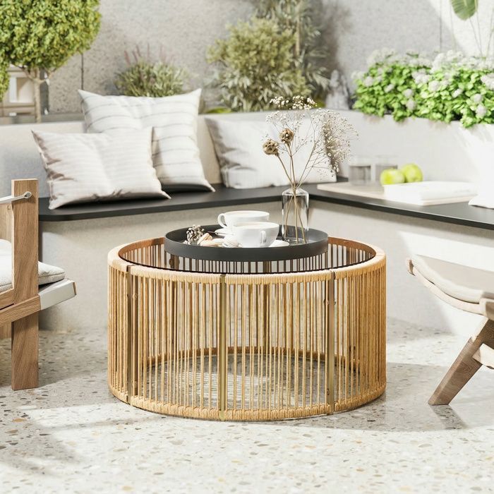 Table basse de jardin - table d'appoint - Outsunny - ronde, pour patio jardin salon - résine tressée, verre - 70x70x33cm - marron
