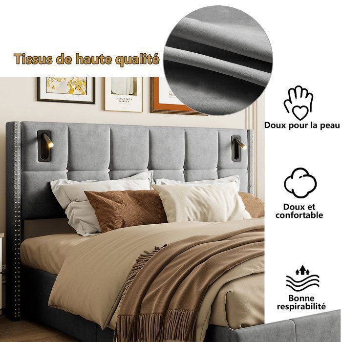 Cama de almacenamiento de 160 x 200 cm con somier de láminas, cama doble con luces de lectura, cama de 160 x 200 cm con somier de láminas, cama tapizada en terciopelo gris.