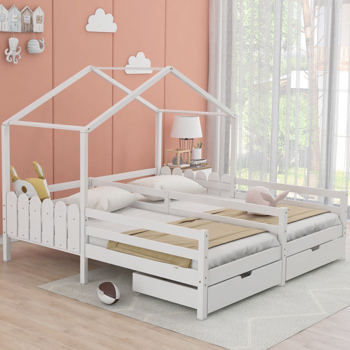 Structure de lit Eco - friendly Material lit familial durable, lit double, lit bébé, lit bébé avec 2 tiroirs MDF, tiroirs avec
