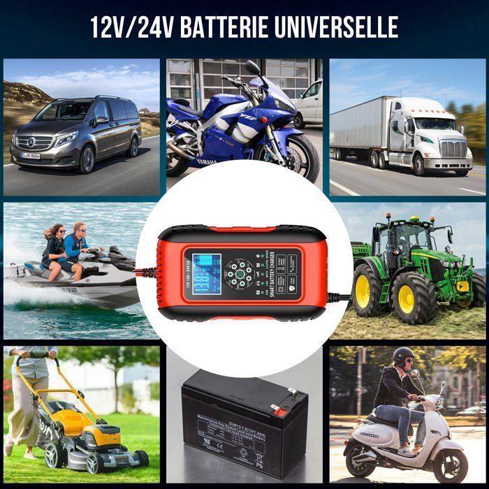 Cargador de baterías - AIMOONSA - 10A - 12V/24V - Pantalla LCD - Carga de mantenimiento