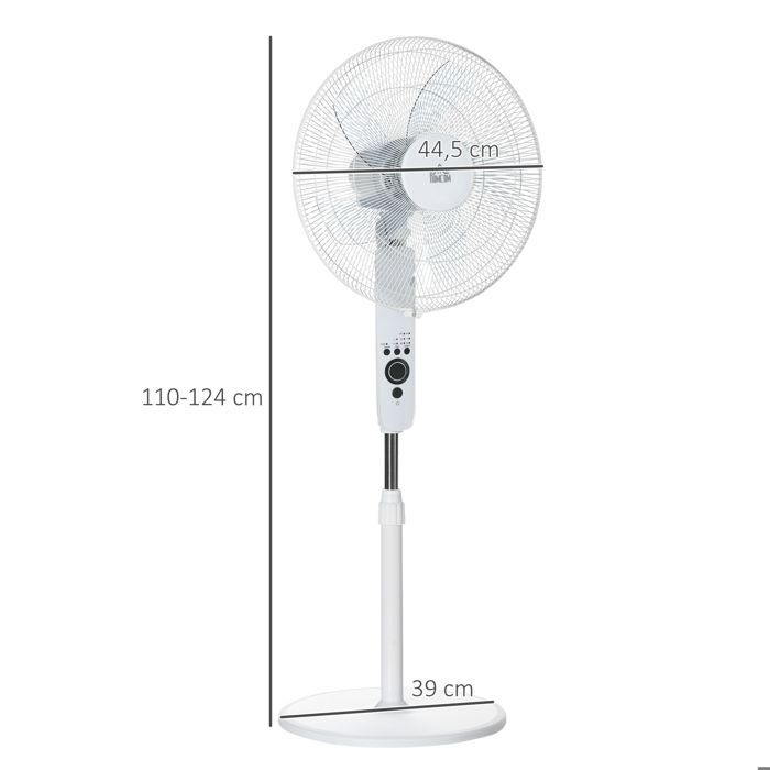 Ventilador de pedestal potente - HOMCOM - 45 W - altura regulable de 110 a 124 cm - mando a distancia - 3 velocidades, oscilación y temporizador