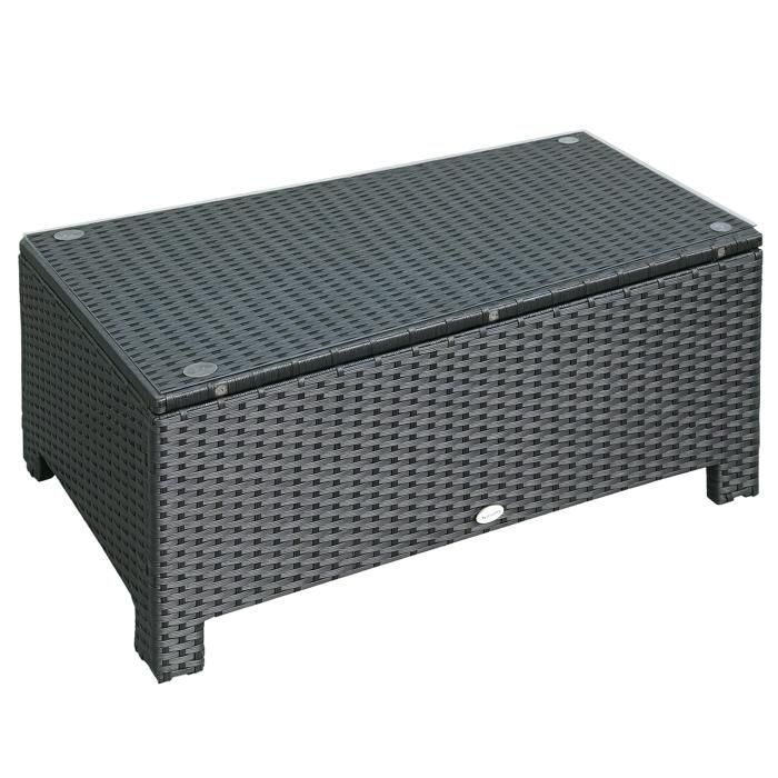 Garden coffee table - Outsunny - 5 mm tempered glass top - woven resin - max. 50 kg - 85 x 50 x 39 cm - black
