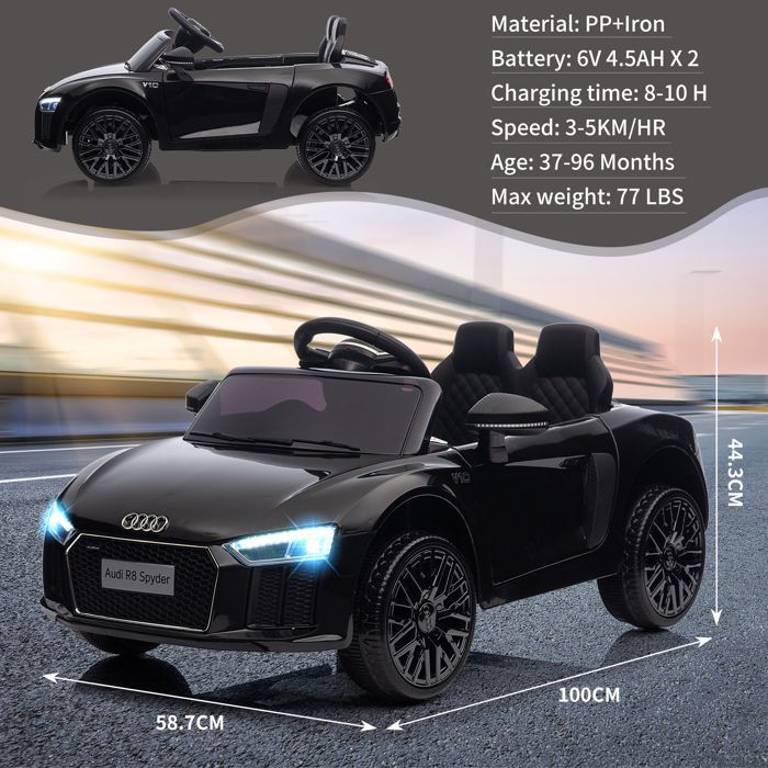 Coche eléctrico infantil Audi R8 Spyder, con licencia oficial, 12 V, suspensión, 3 velocidades, luces LED y claxon - Negro