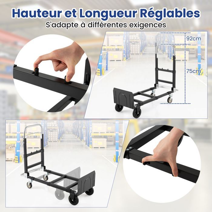 Carretilla plegable convertible 3 en 1 COSTWAY - Mango telescópico - Longitud ajustable - 4 ruedas para facilitar el transporte - 272 kg
