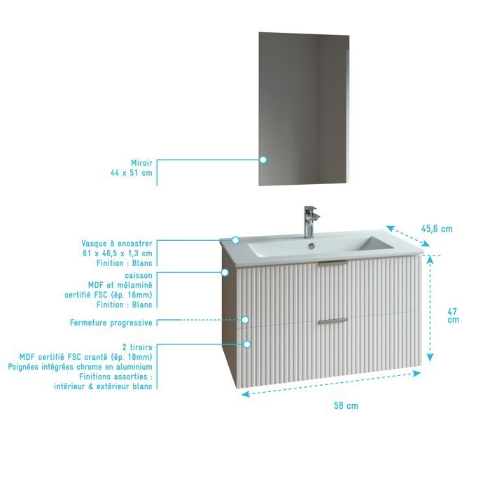 Mueble de baño con lavabo individual de 60 cm, fabricado en MDF corrugado blanco.